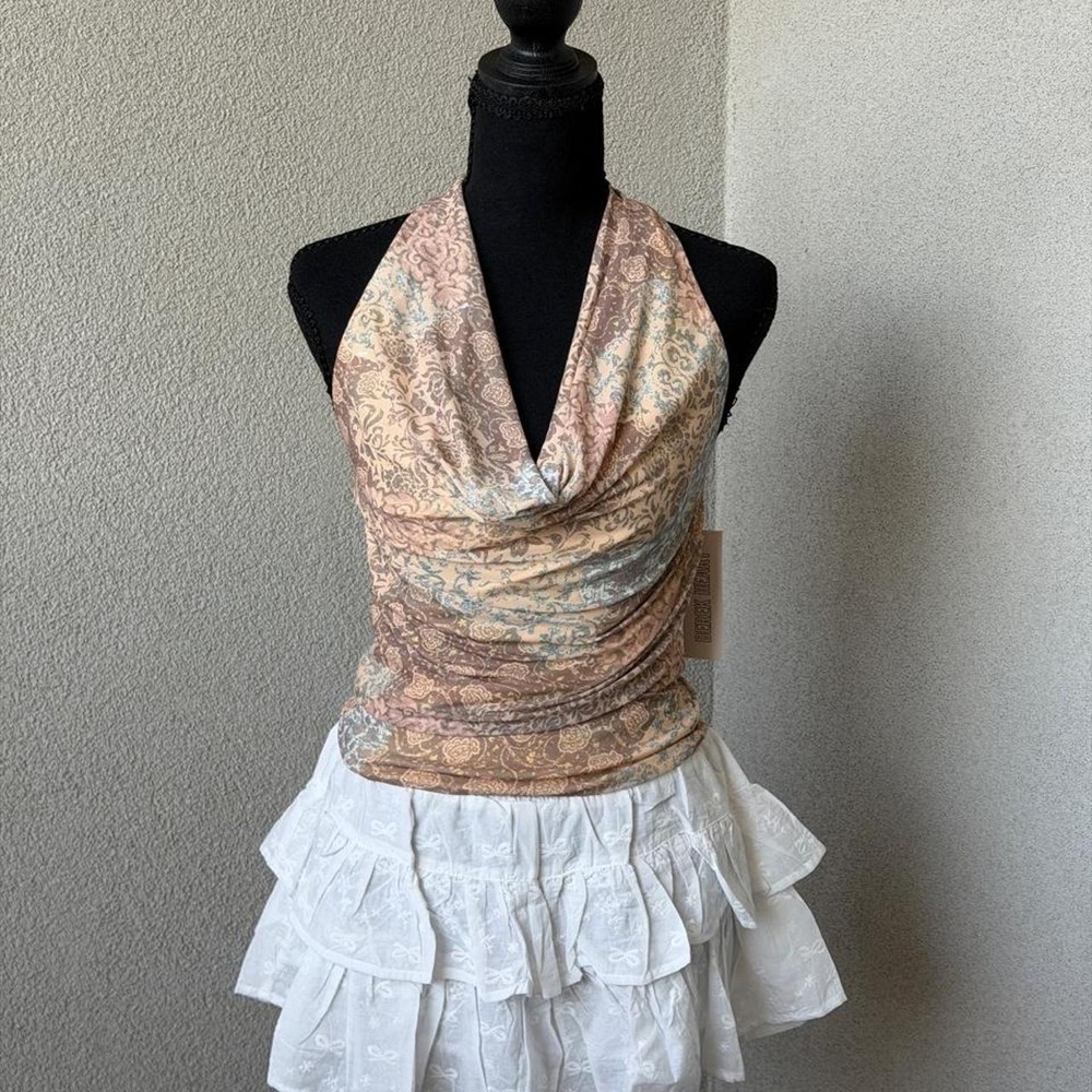 Derek Heart halter top with beige/brown floral print and beaded back Size M NWT